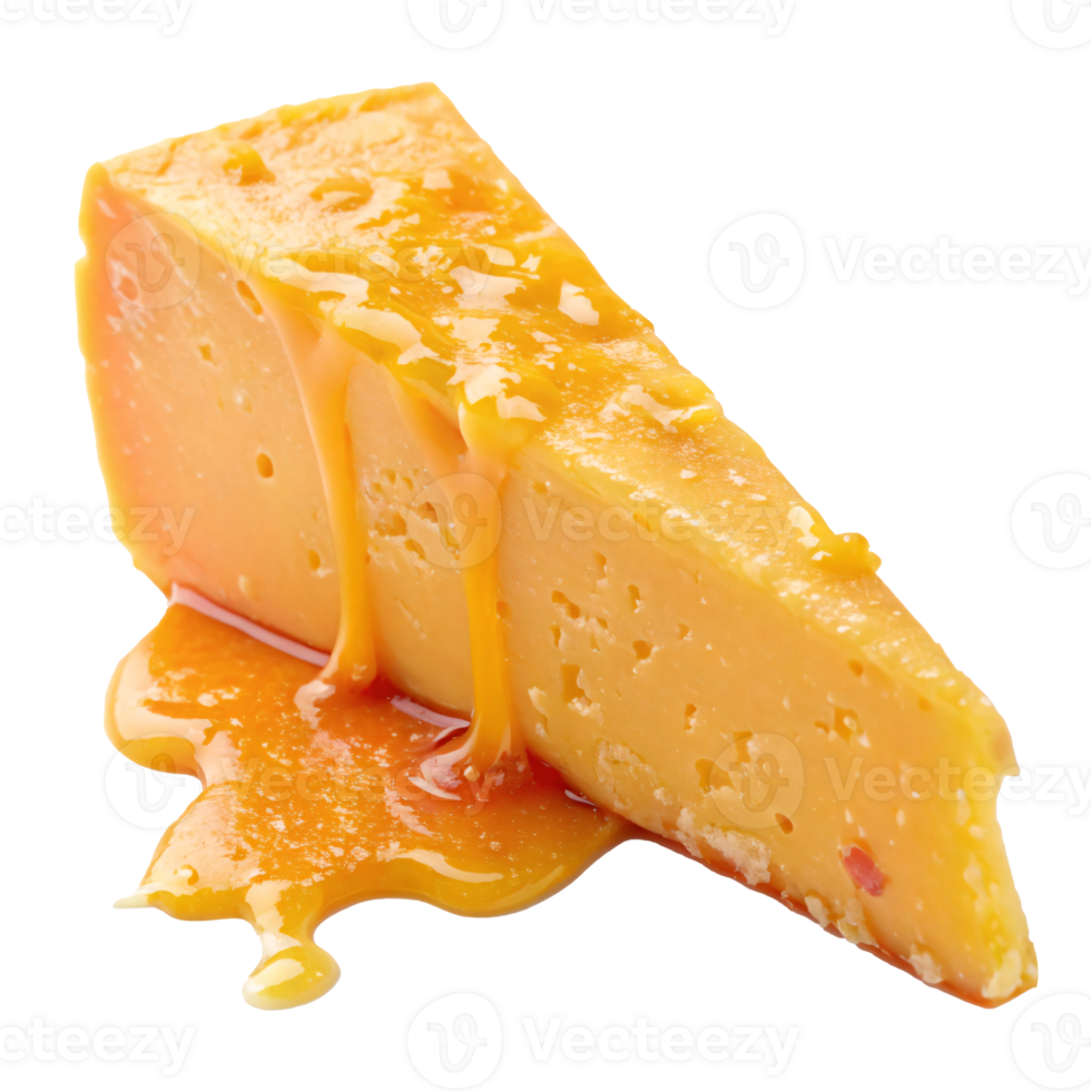A close-up of a cheese slice dripping with caramel sauce on transparent background, showcasing a unique gourmet food concept png