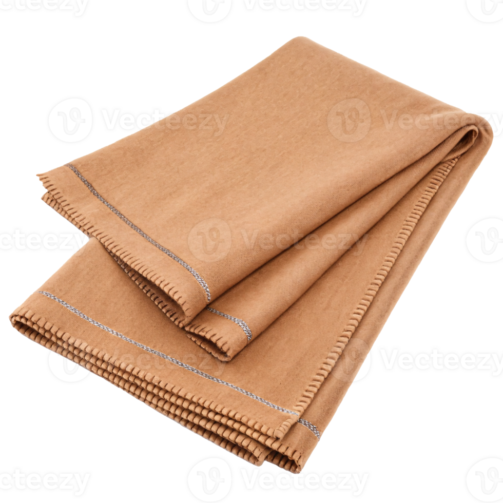 Folded brown blanket with stitched borders on transparent background. png