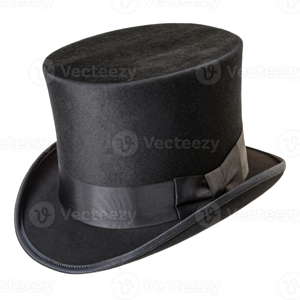 Black top hat with ribbon on transparent background. png
