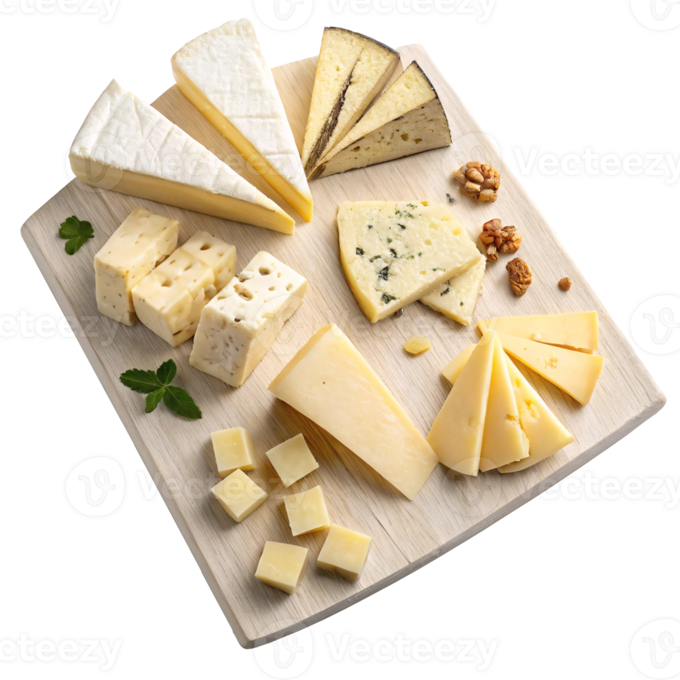 Assorted cheese types arranged on a wooden board with nuts and mint, photographed on a transparent background, concept of gourmet food png