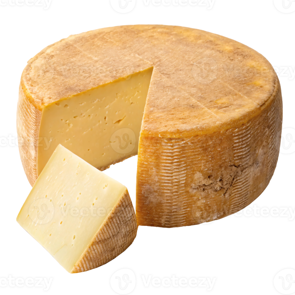 A round cheese wheel with a wedge cut out. Isolated on a transparent background. Aged cheese concept png