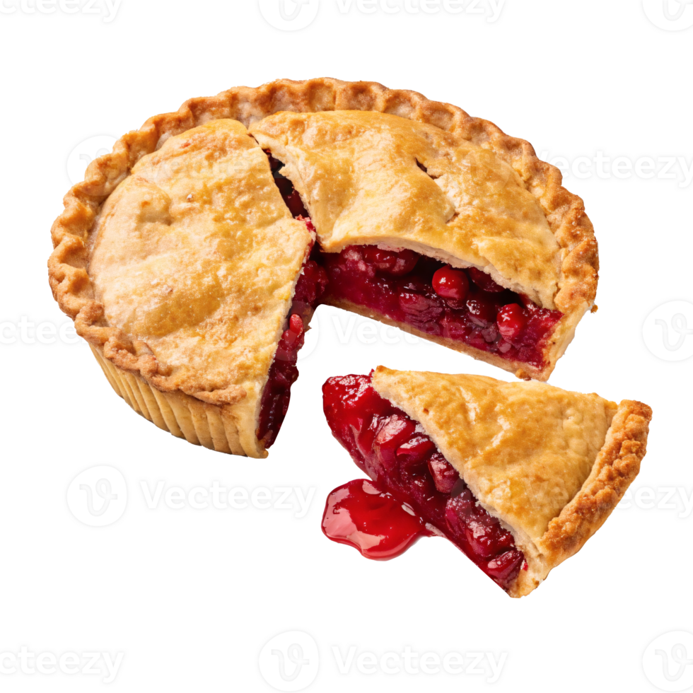 Freshly baked berry pie with golden crust, juicy red filling, and a slice cut out. Isolated on transparent background, food concept png