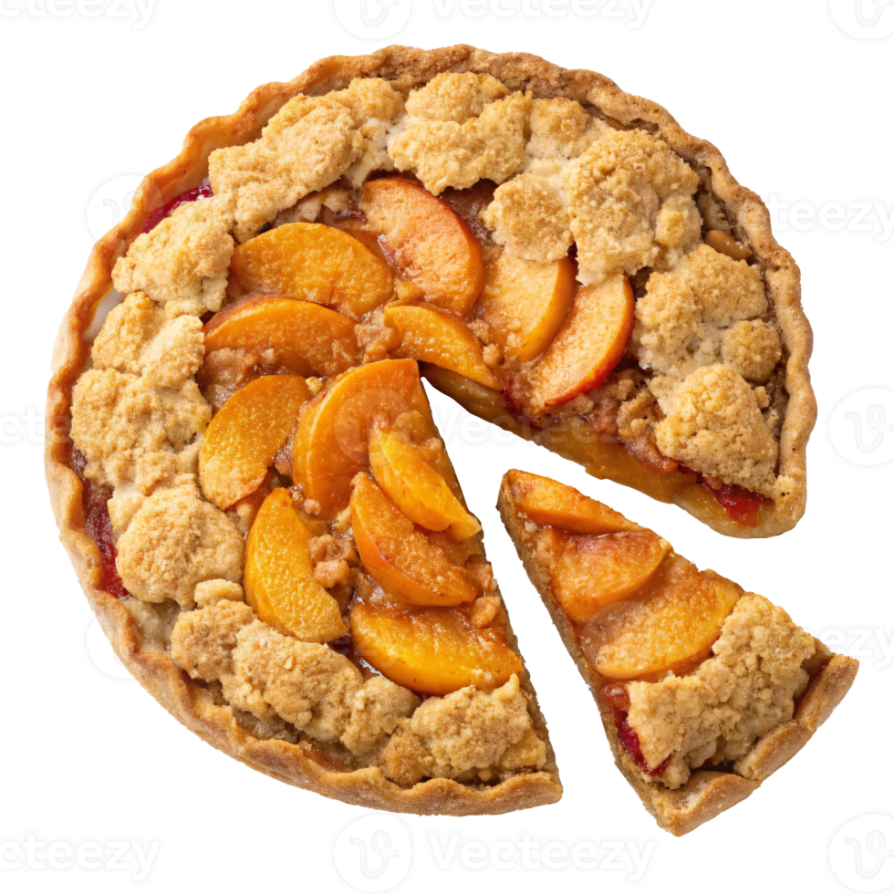 Peach crumble pie with golden-brown topping and juicy peach slices. Concept of homemade dessert png