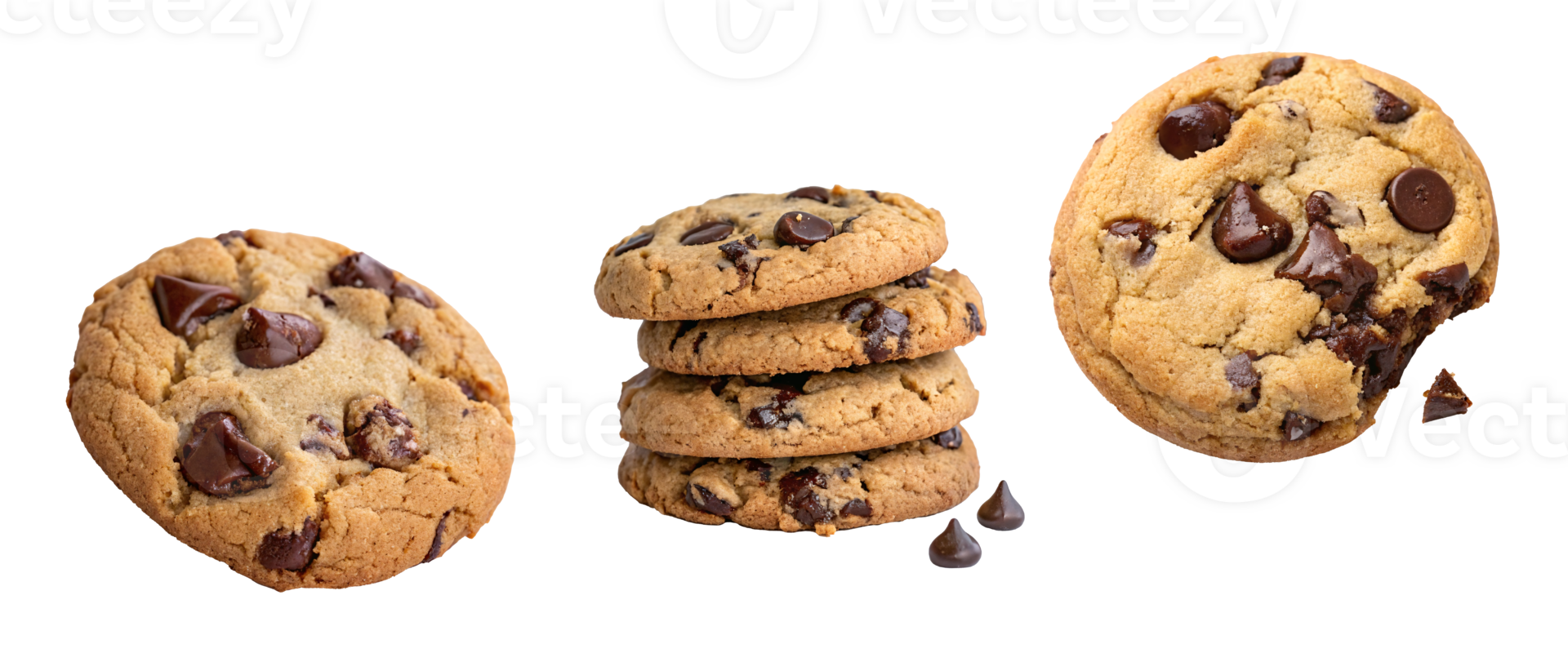 Chocolate chip cookies with stack and bite on transparent background. png