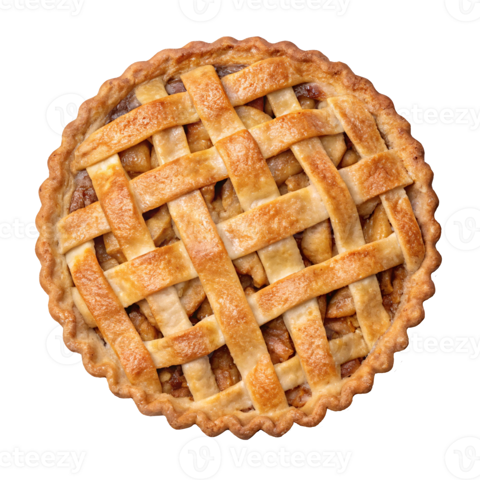 A delicious homemade apple pie with a golden lattice crust, baked to perfection, placed on a transparent background, concept of desserts png