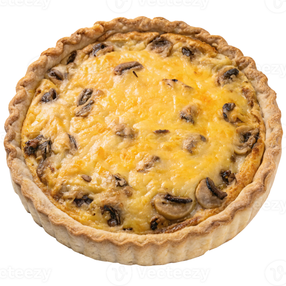 Delicious mushroom and cheese quiche with golden crust, baked texture, transparent background. Concept of savory pie, comfort food png