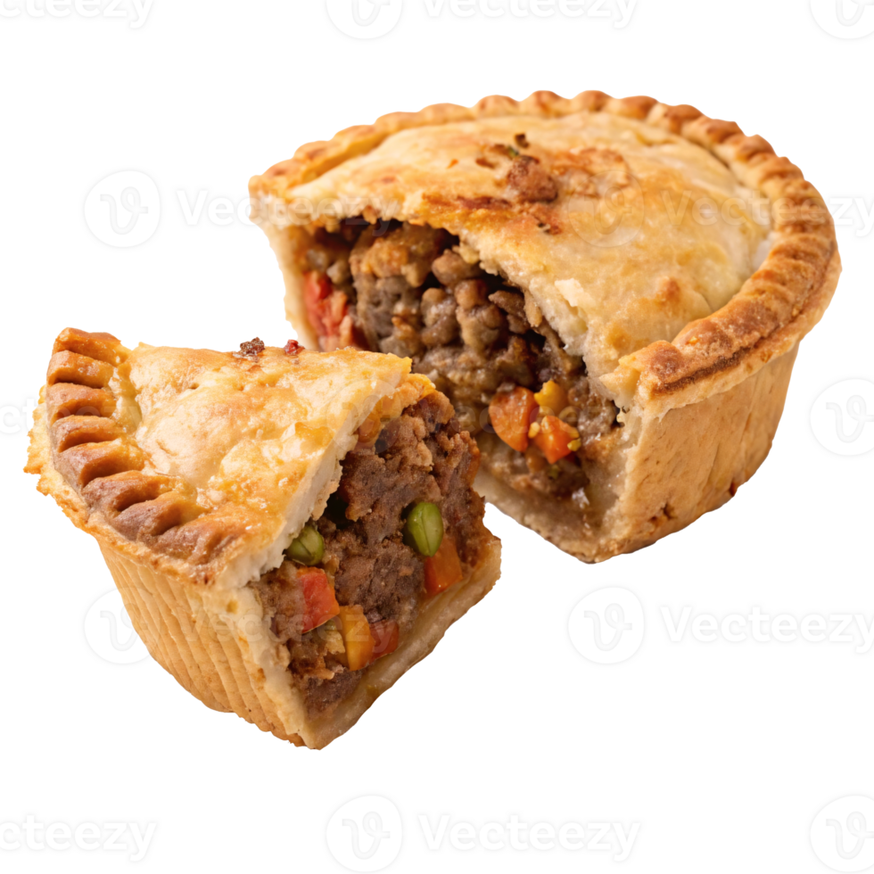 A savory meat pie with a slice cut to reveal minced meat, peas, and carrots filling, on a transparent background, concept of comfort food png