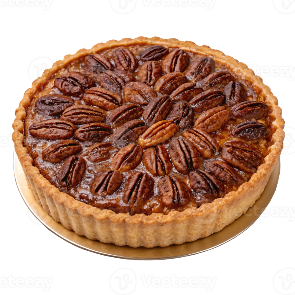 Close-up of a freshly baked pecan pie with flaky crust, arranged on a transparent background. Perfect concept of homemade dessert png