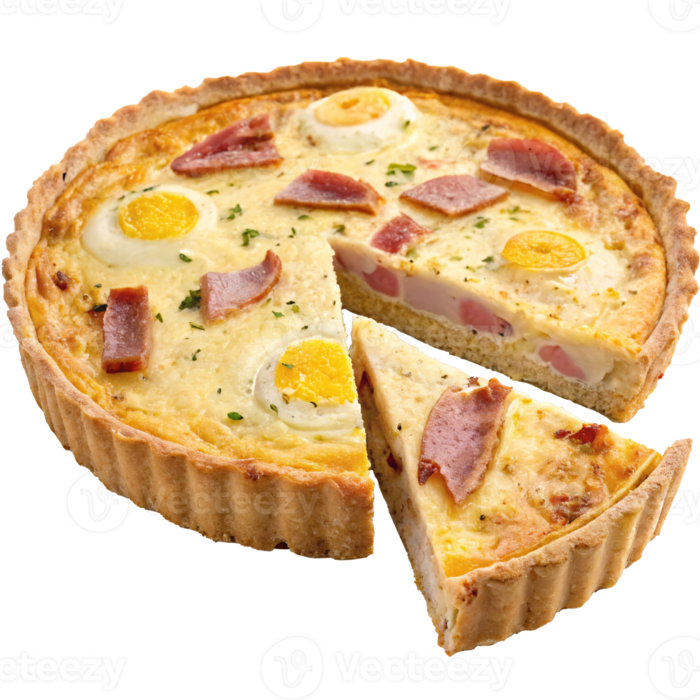 A freshly baked quiche with eggs and meat slices, garnished with herbs, transparent background, concept of delicious food png