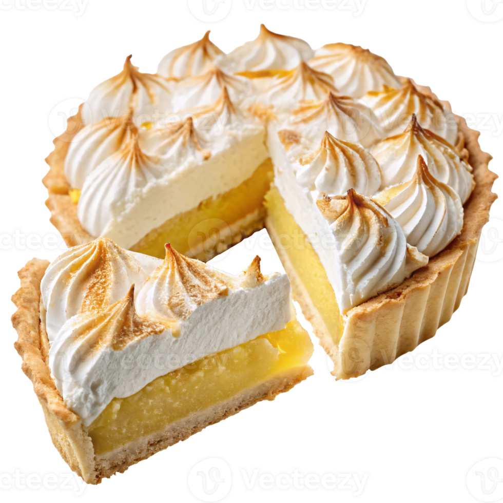 Lemon meringue pie with fluffy topping and smooth lemon filling, showcased on a transparent background, concept of dessert png