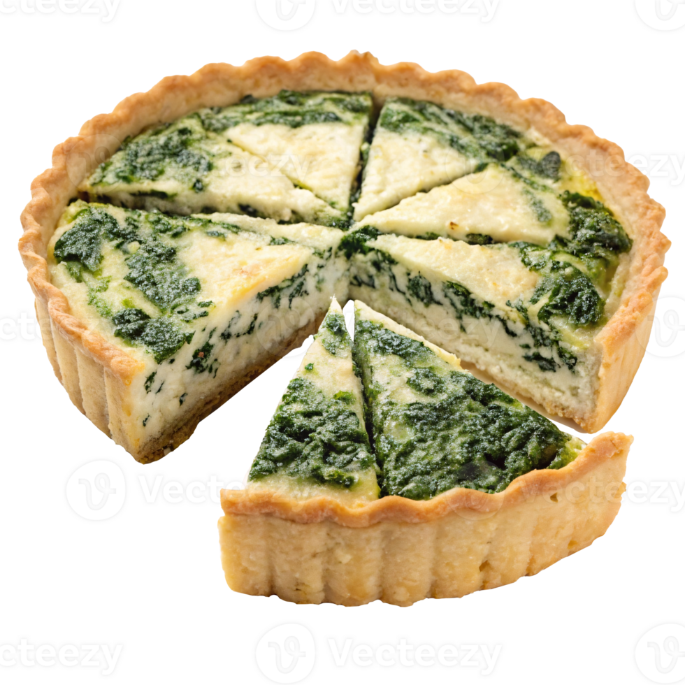 Spinach and ricotta quiche, sliced into portions, on transparent background. Concept of savory pastry and gourmet food png