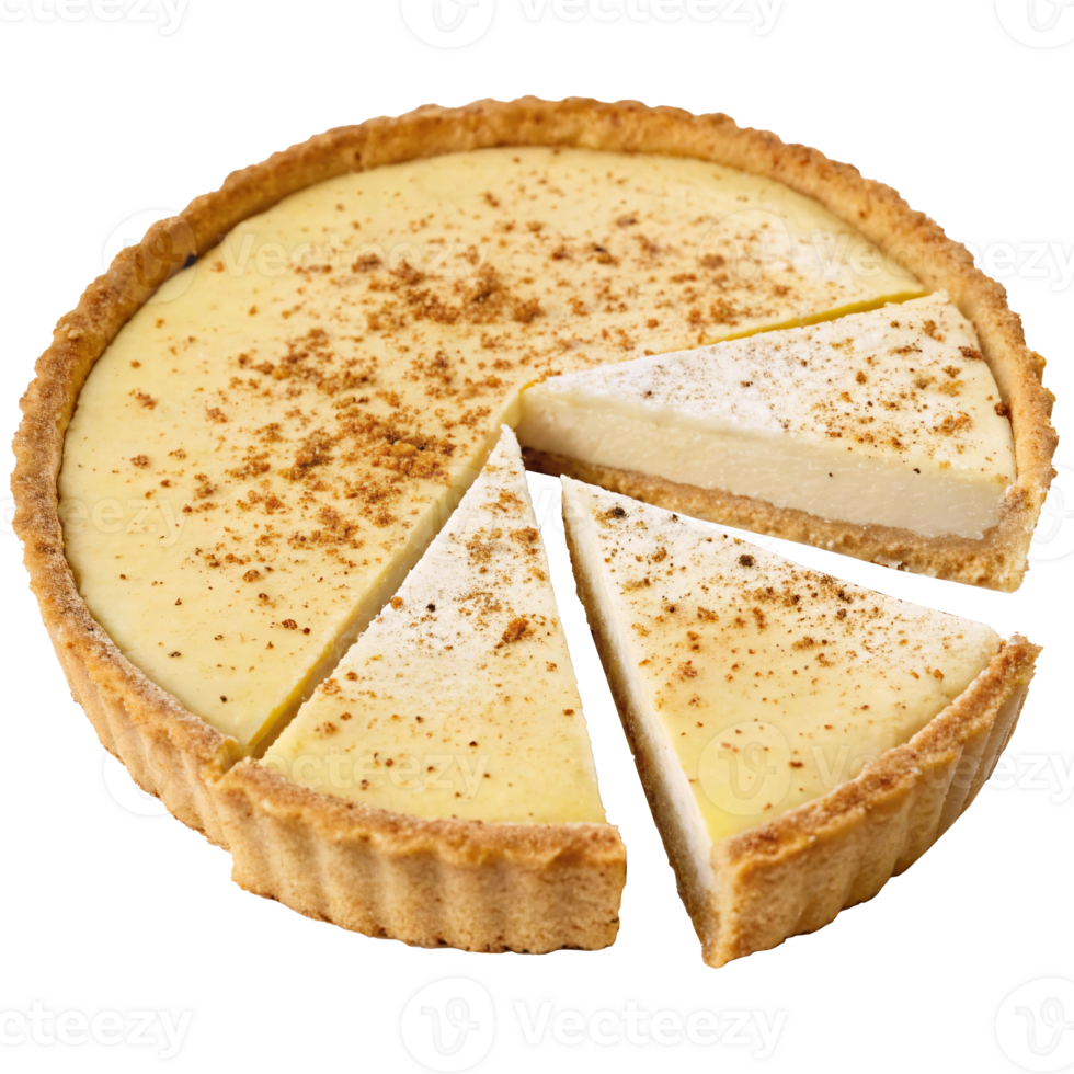 Creamy tart with a golden crust, dusted with spices, presented with slices removed, isolated on a transparent background, concept of dessert png