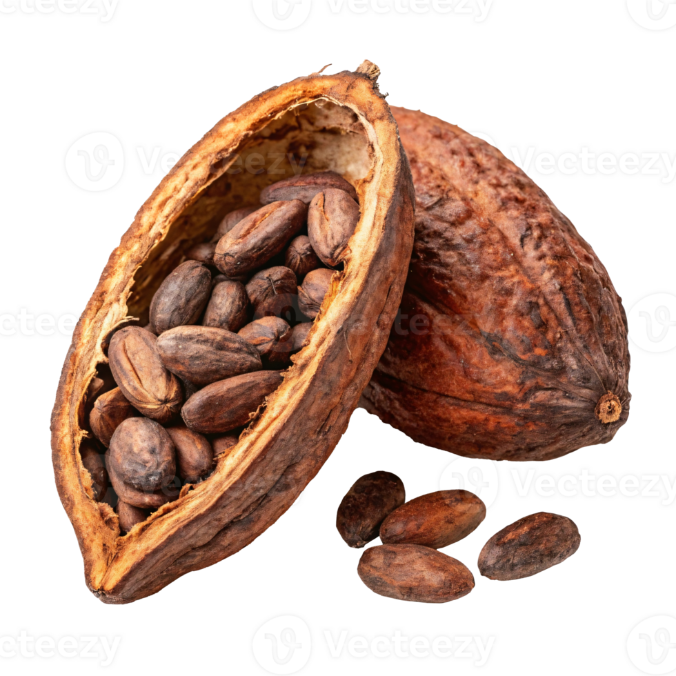 Cocoa pods with beans on transparent background. png