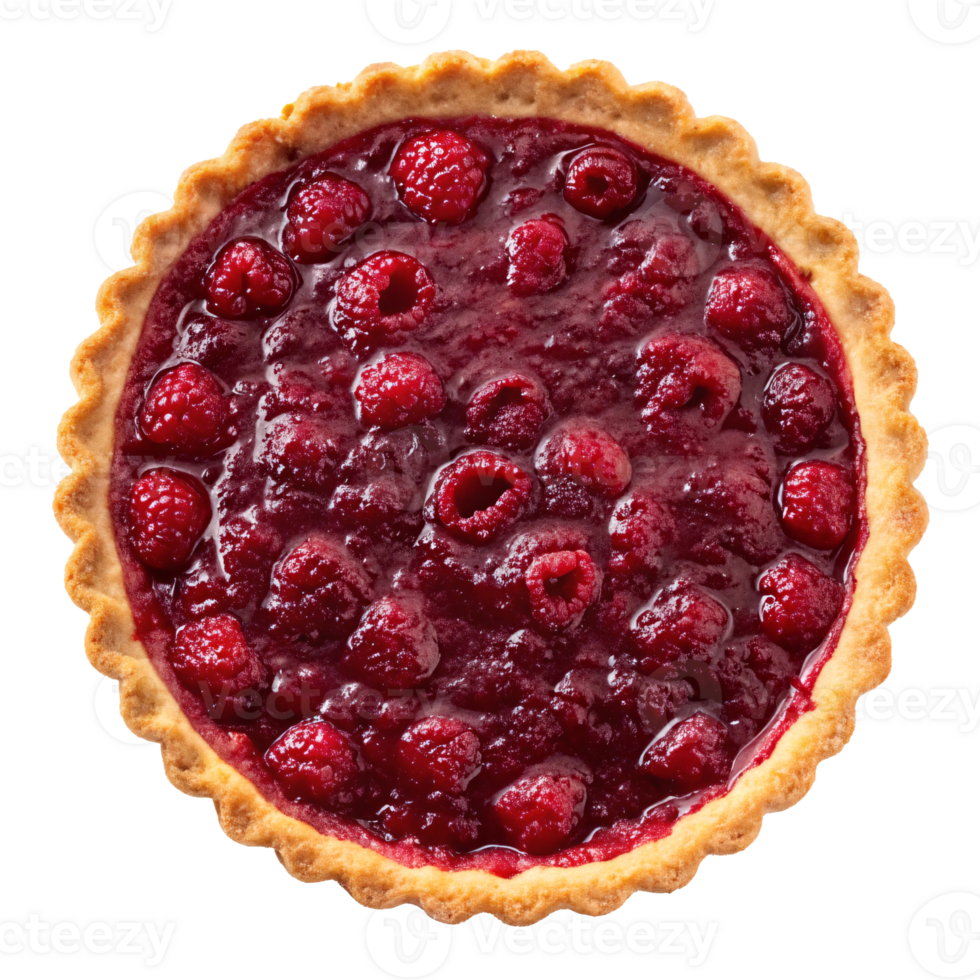 Delicious raspberry tart with shiny glaze, golden crust, and vibrant red filling on a transparent background. Concept of dessert and baking png