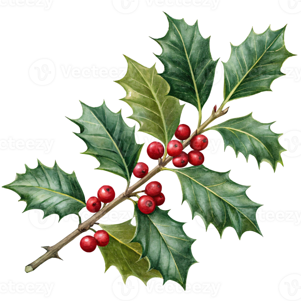 Watercolor holly branch with leaves and berries on transparent background. png