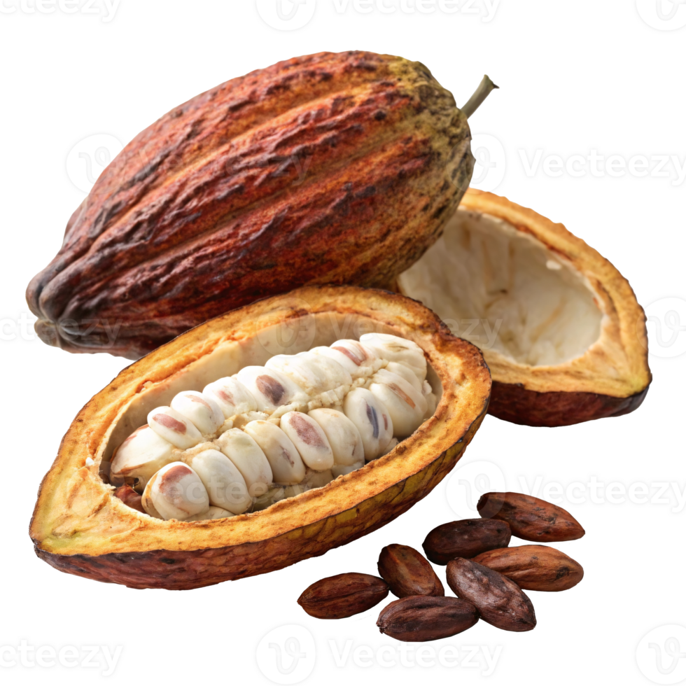 Cocoa pod with seeds and beans on transparent background. png