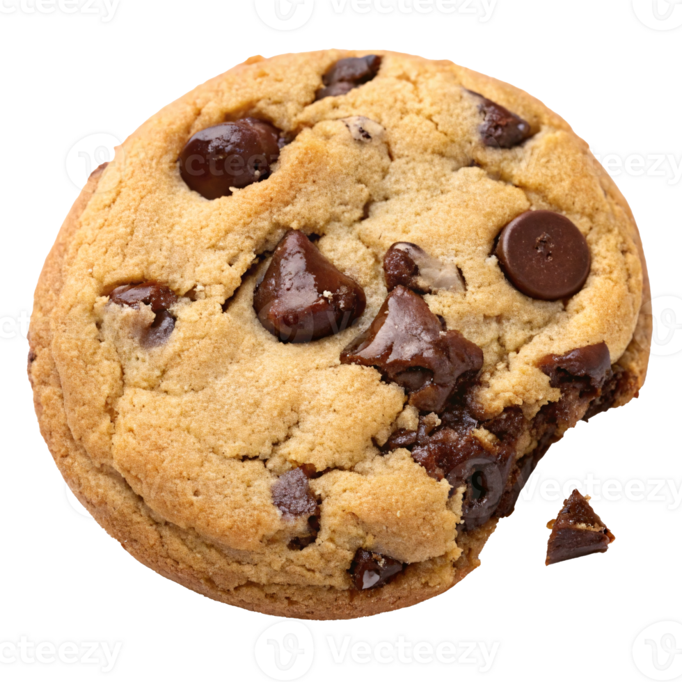 Close-up of a chocolate chip cookie with a bite taken out. png