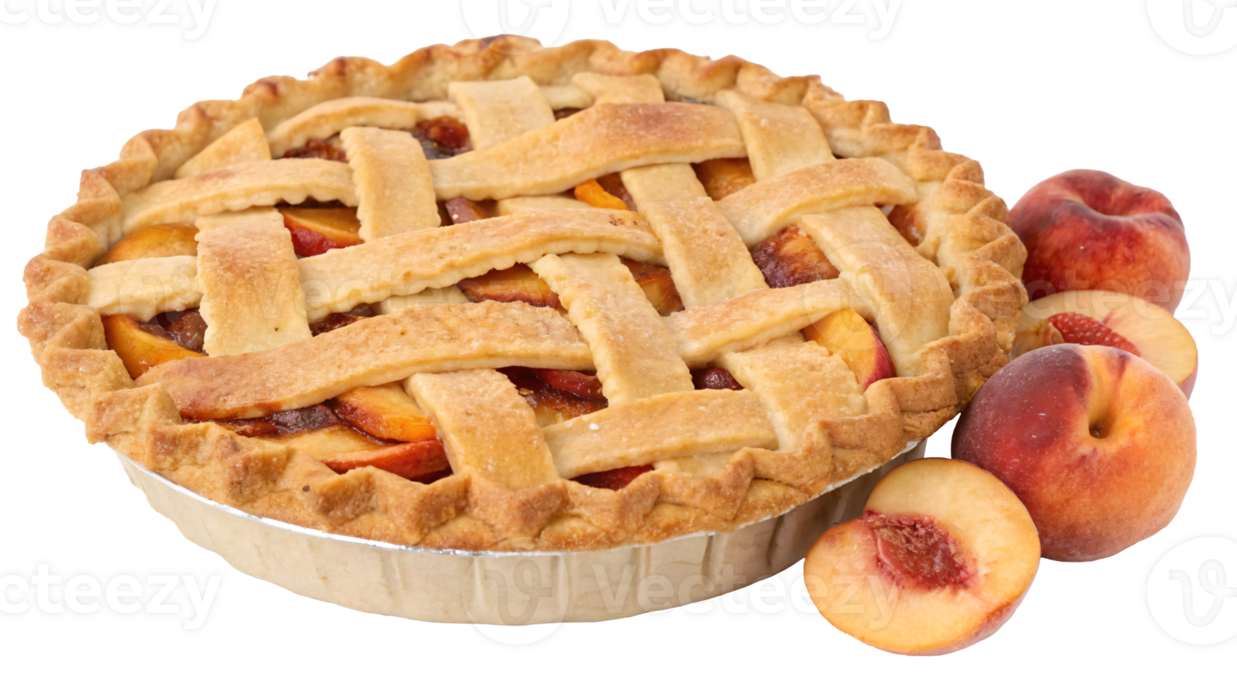 Freshly baked peach pie with a golden lattice crust, surrounded by ripe peaches, on a transparent background, concept of homemade dessert png