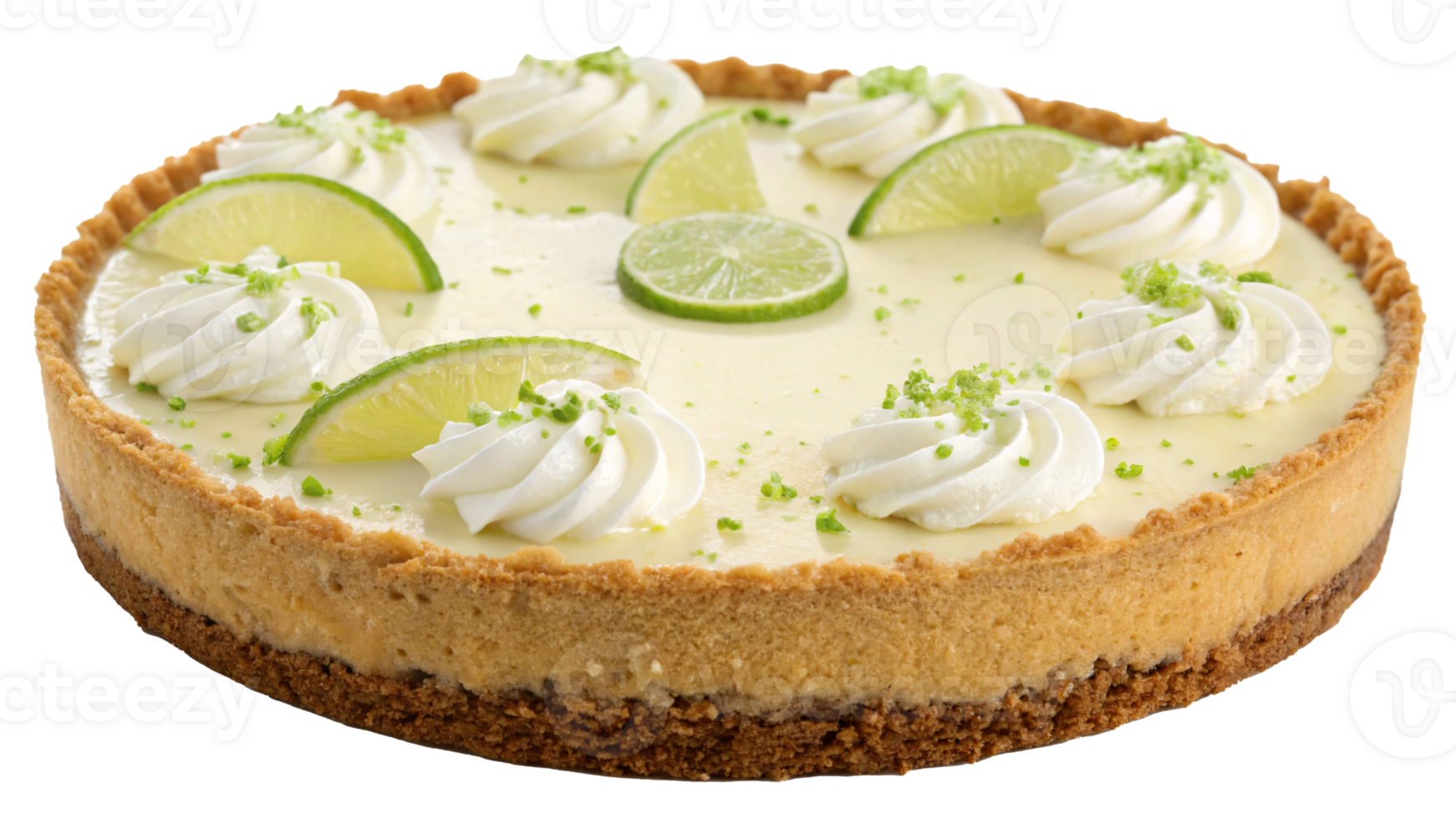 Delicious key lime pie topped with whipped cream, lime slices, and zest, on transparent background. Concept of dessert and baking png