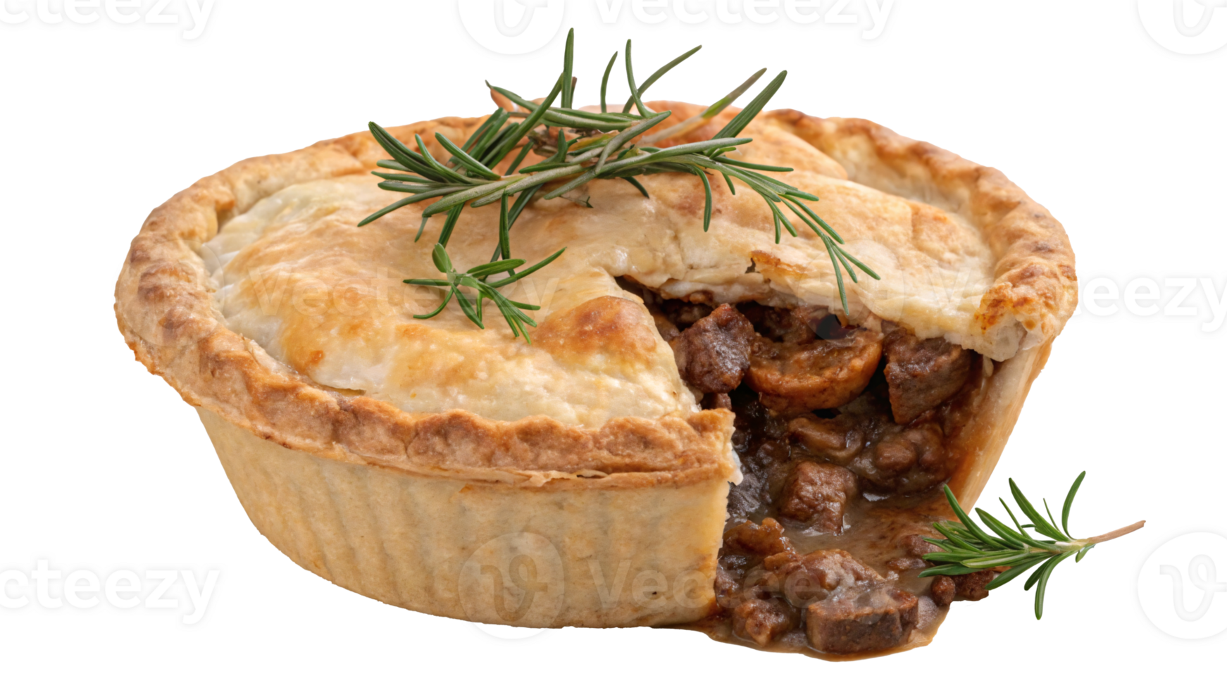 A savory meat pie with golden crust, filled with rich meat and sauce, garnished with rosemary, on a transparent background, concept of homemade comfort food png