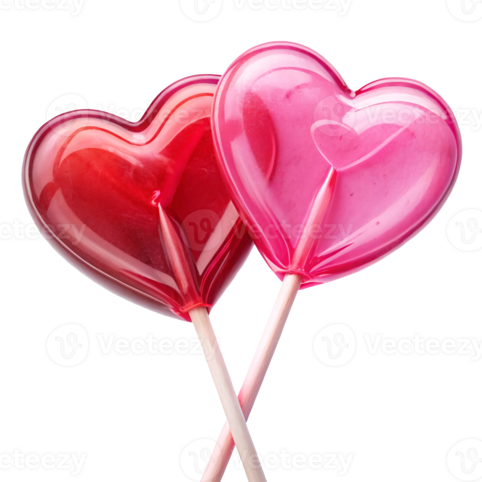 Two heart-shaped lollipops in pink and red on transparent background. png