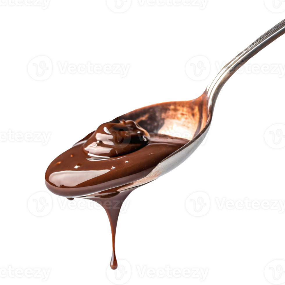 Spoon with melted chocolate dripping, isolated on transparent background. png