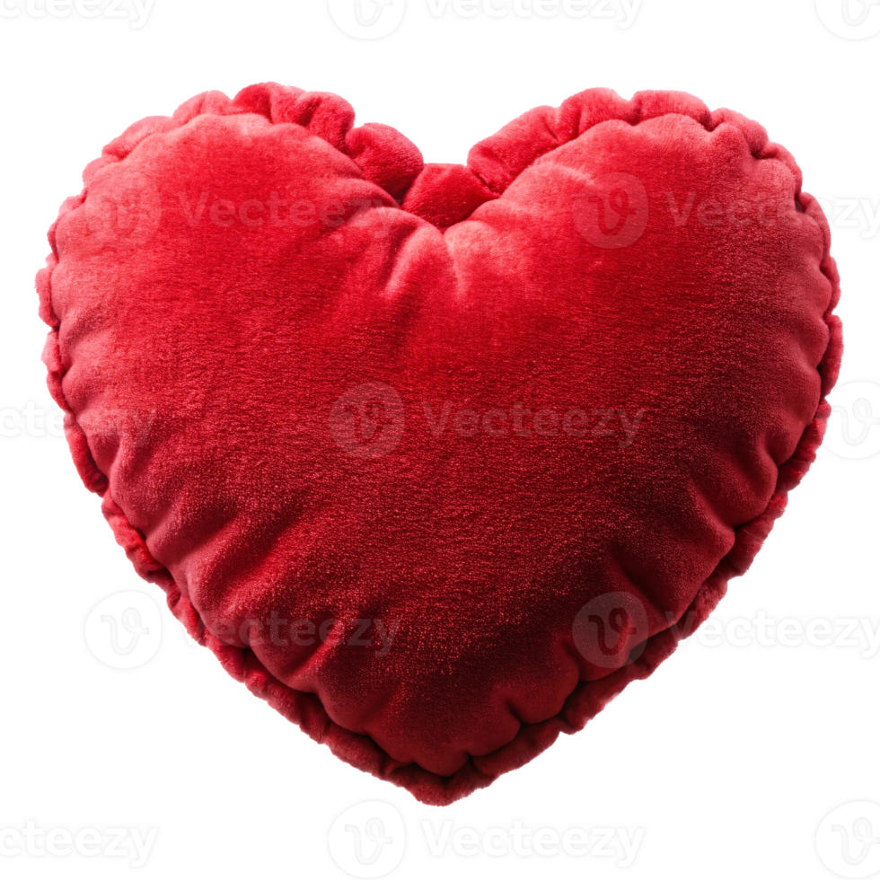 Plush red heart-shaped pillow on transparent background. png