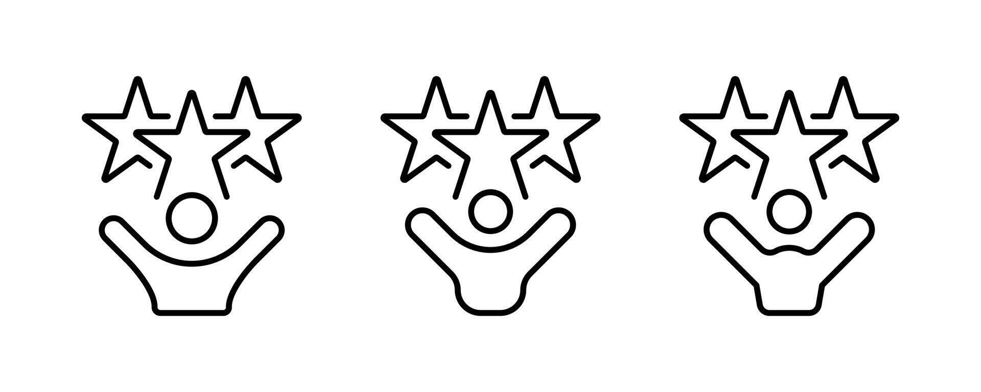 Hands raised man with three stars outliine icon set. Talent acquisition, employee award, customer satisfaction, success. Icon editable stroke vector