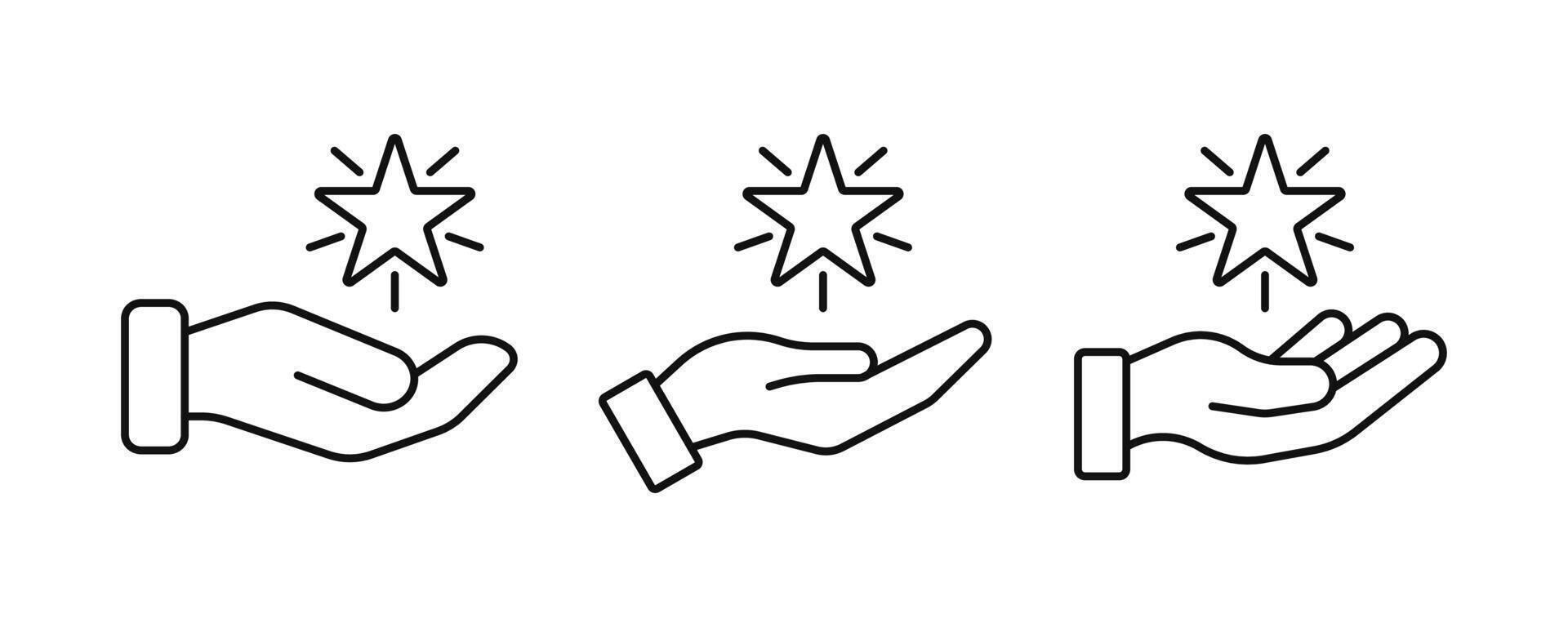 Excellent result outline icon set. Hand holding shining star symbol represent of grade quality, get reward. Editable stroke vector