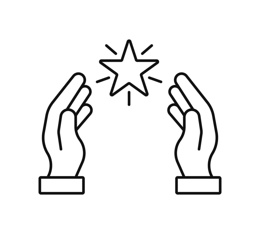 Hands holding shinning star outline icon symbol. Best score, high quality product, experience. Editable stroke vector
