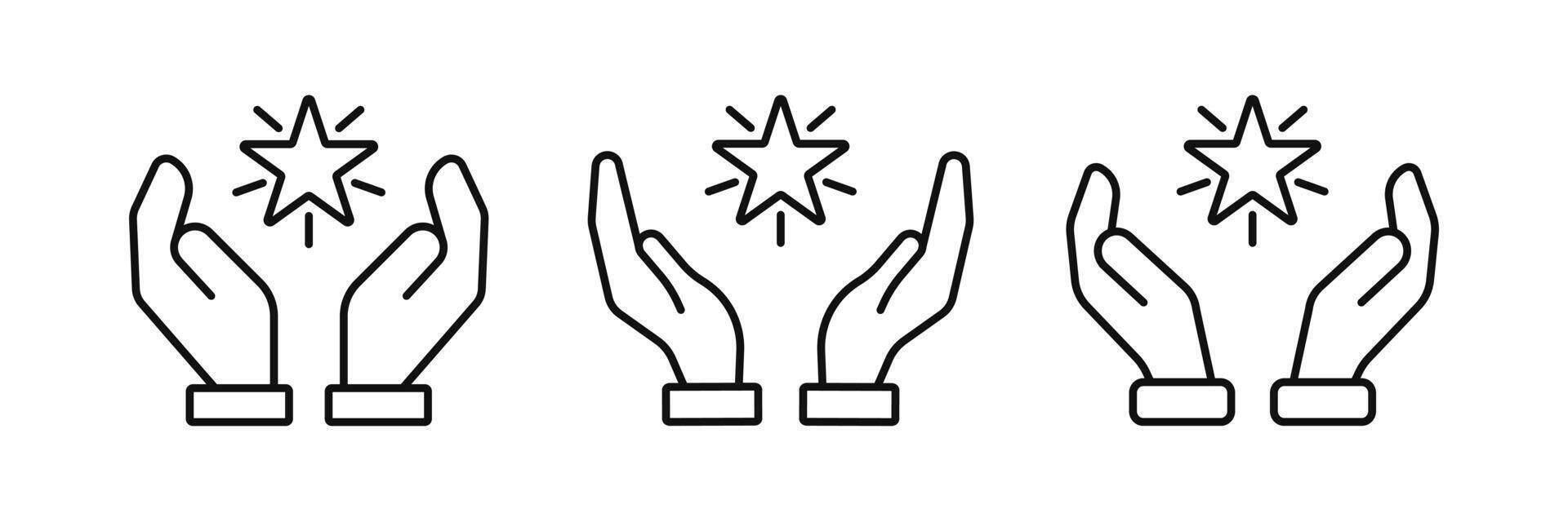 Outline icon set hands holding shinning star. Best score, high quality product, experience. Editable stroke vector