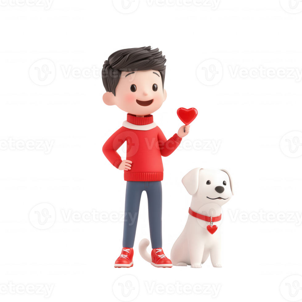 A cheerful boy holds a heart with his loyal dog beside him, showcasing friendship. png