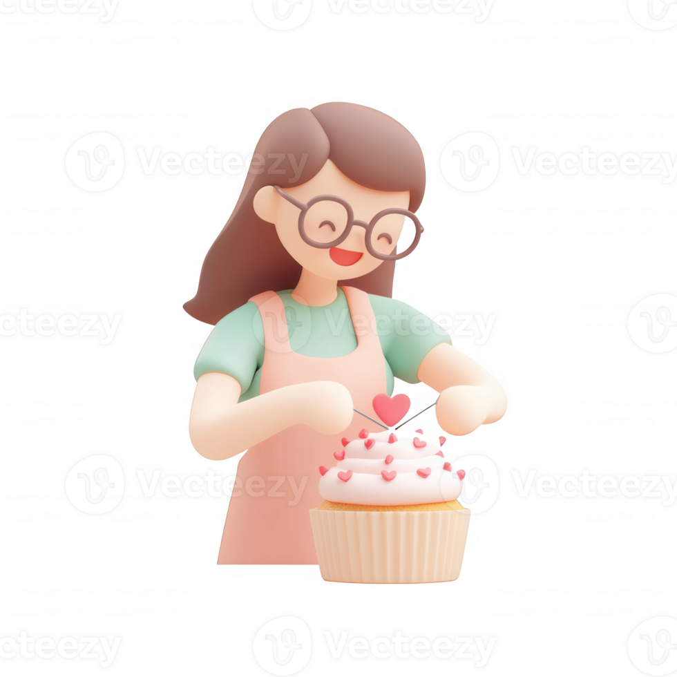 A cheerful baker decorating a cupcake with colorful frosting and heart sprinkles. png