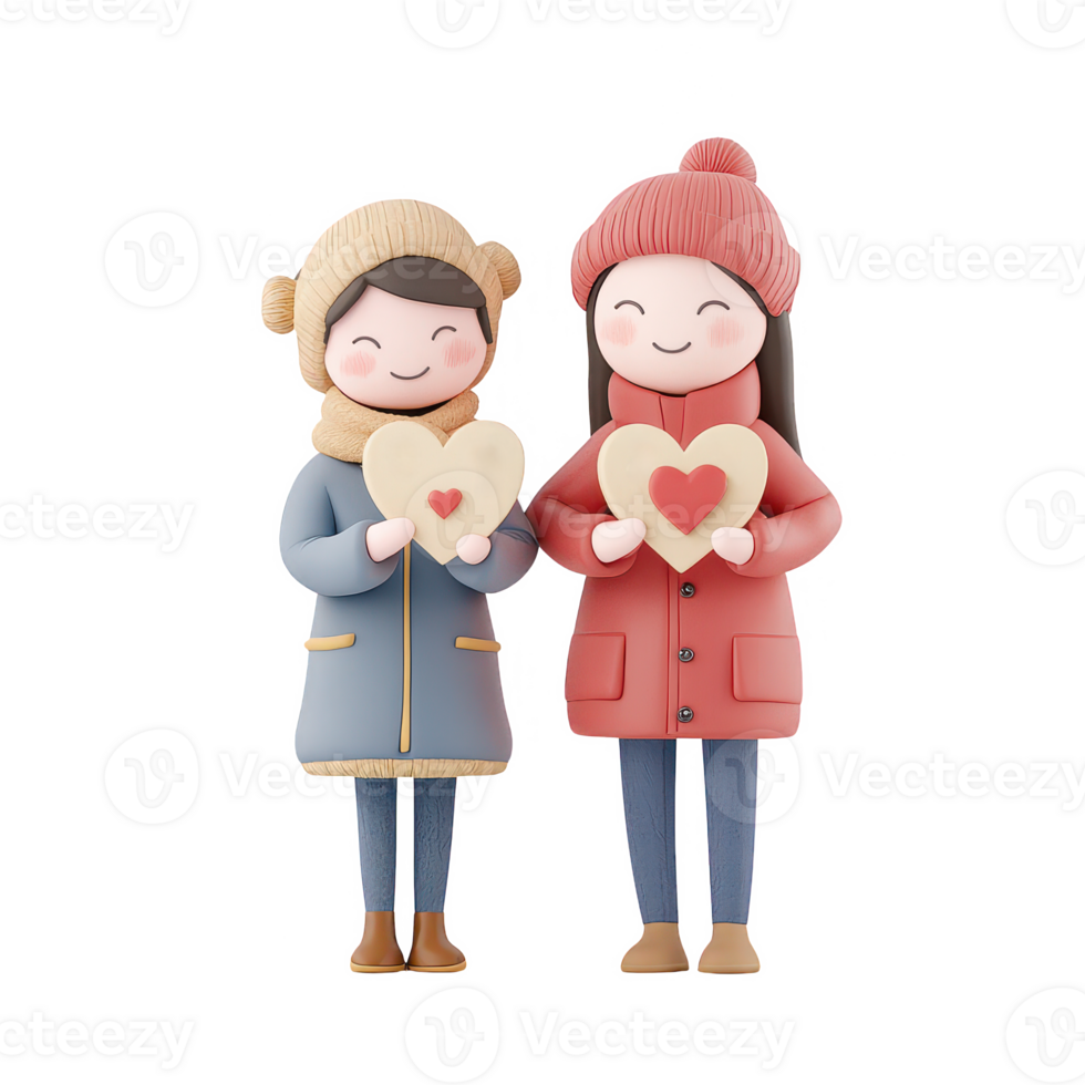 Two cheerful characters holding heart shapes in winter clothes. png