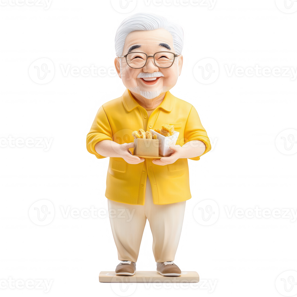 Cheerful elderly man holding a box of crispy fries, conveying happiness and enjoyment. png