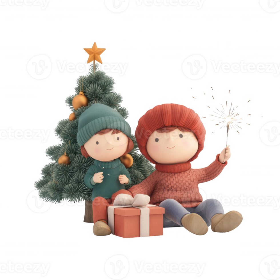 Two children celebrate Christmas with a tree and gifts, radiating joy and warmth. png