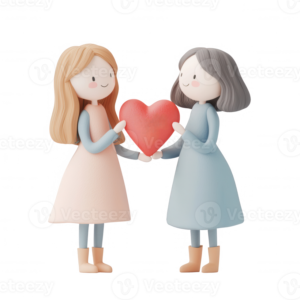 Two joyful friends sharing a heart, symbolizing love and friendship. png