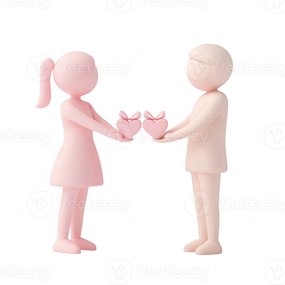 Two pink figures holding heart shapes, symbolizing love and connection. png