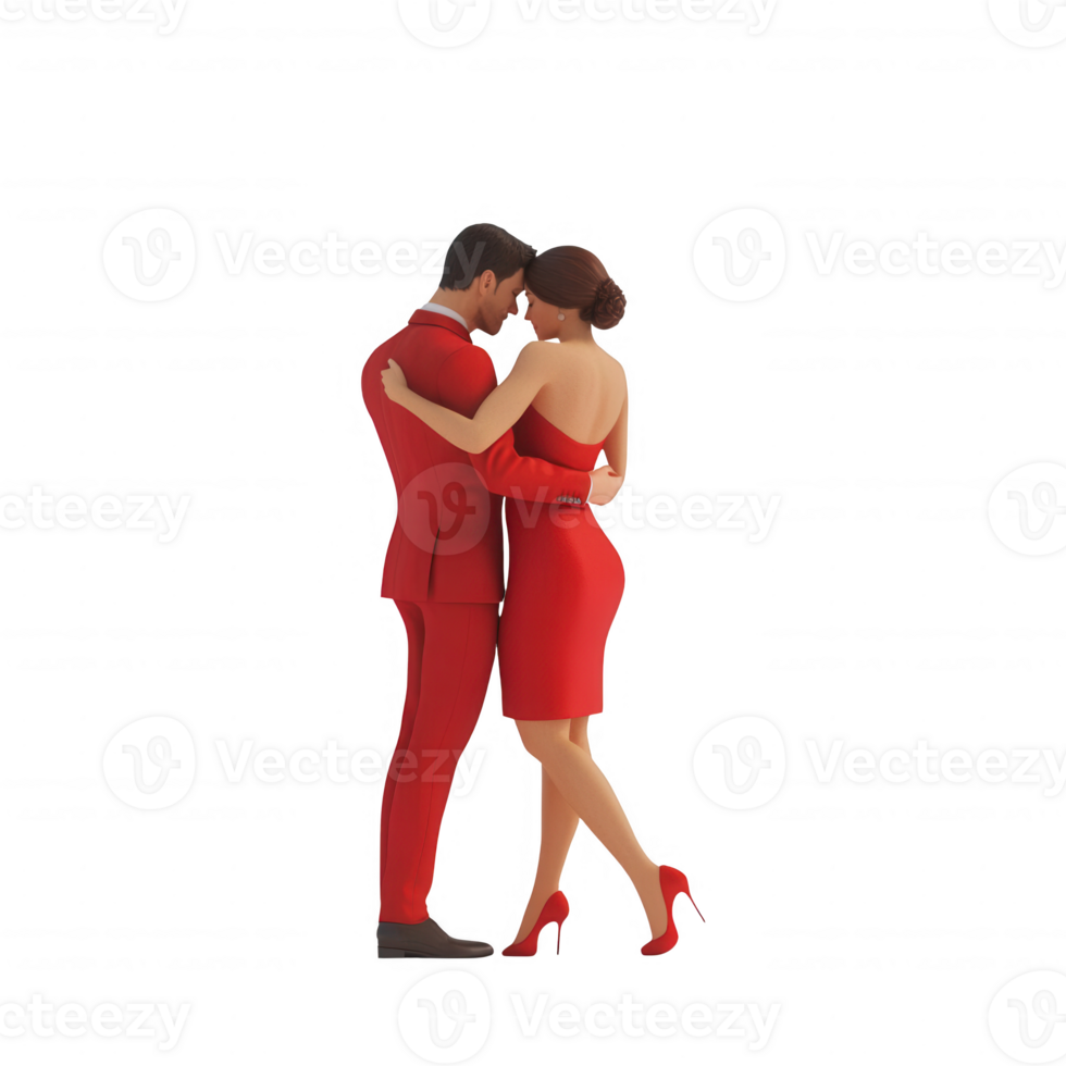 A couple in red outfits sharing a romantic moment together, embracing passionately. png