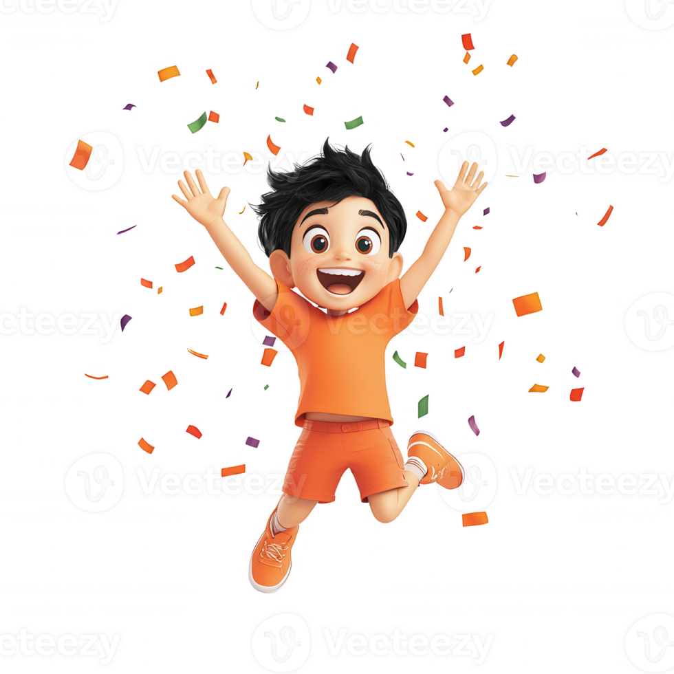 Happy child jumps in excitement with colorful confetti around them. png
