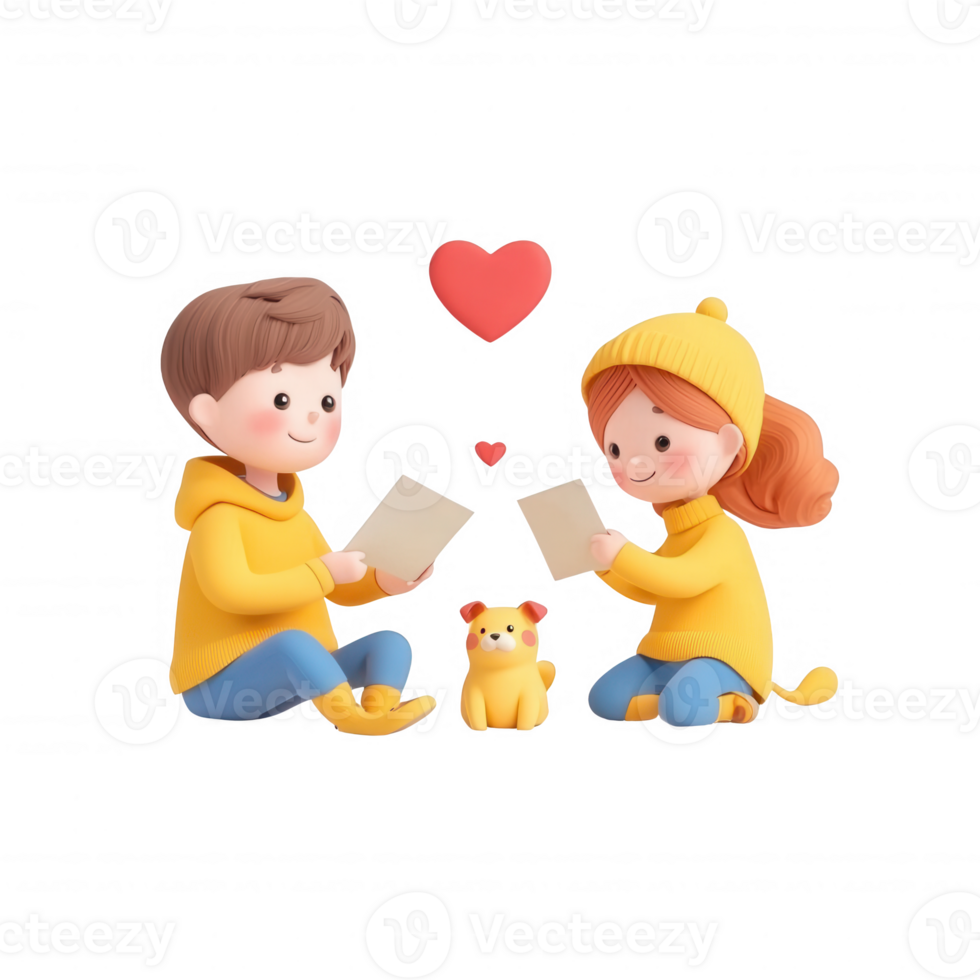 Two children reading together with a cat, sharing a warm moment of joy and connection. png
