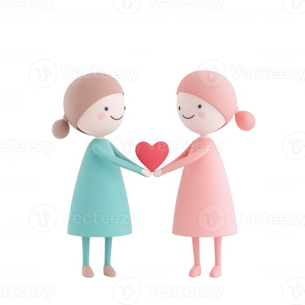 Two cute characters holding a heart, symbolizing friendship and love. png