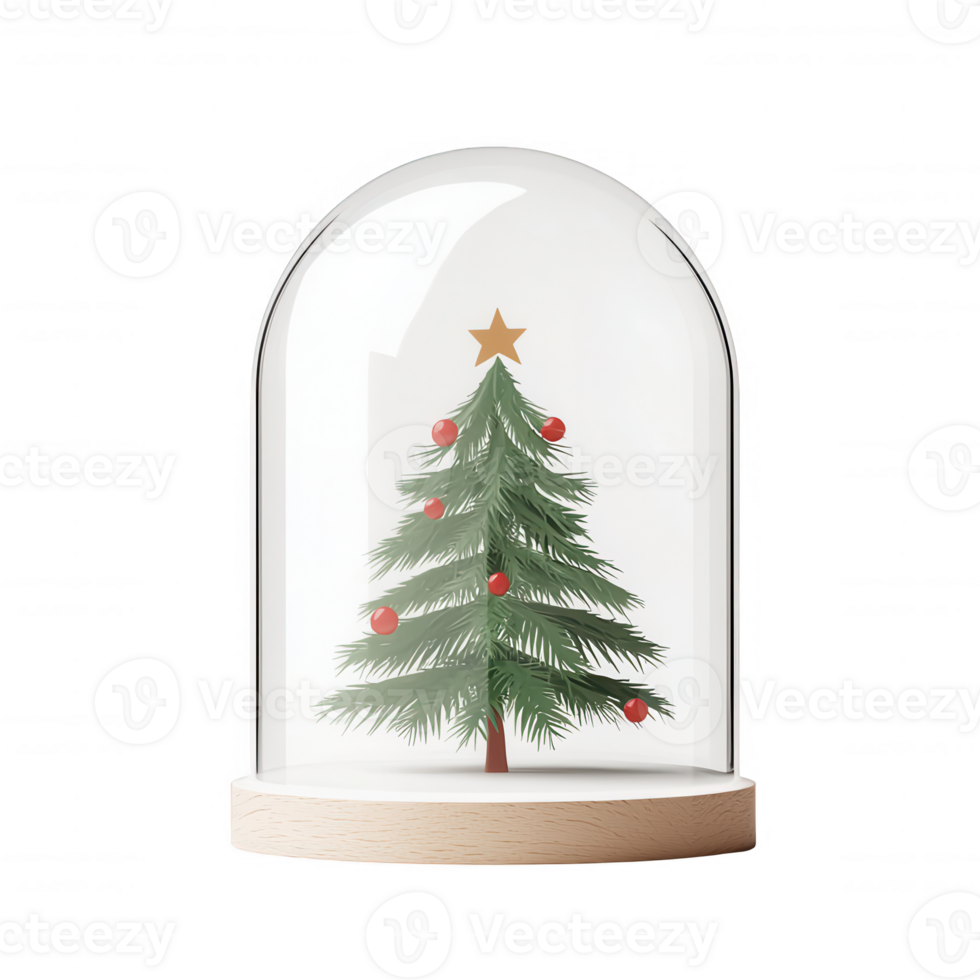 Beautiful Christmas tree under glass dome with festive decorations and a star on top. png