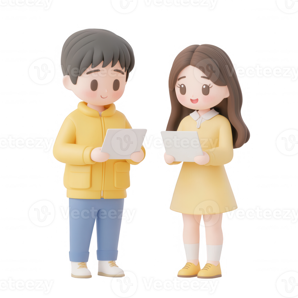 Two cheerful characters holding papers and smiling, representing collaboration and learning. png