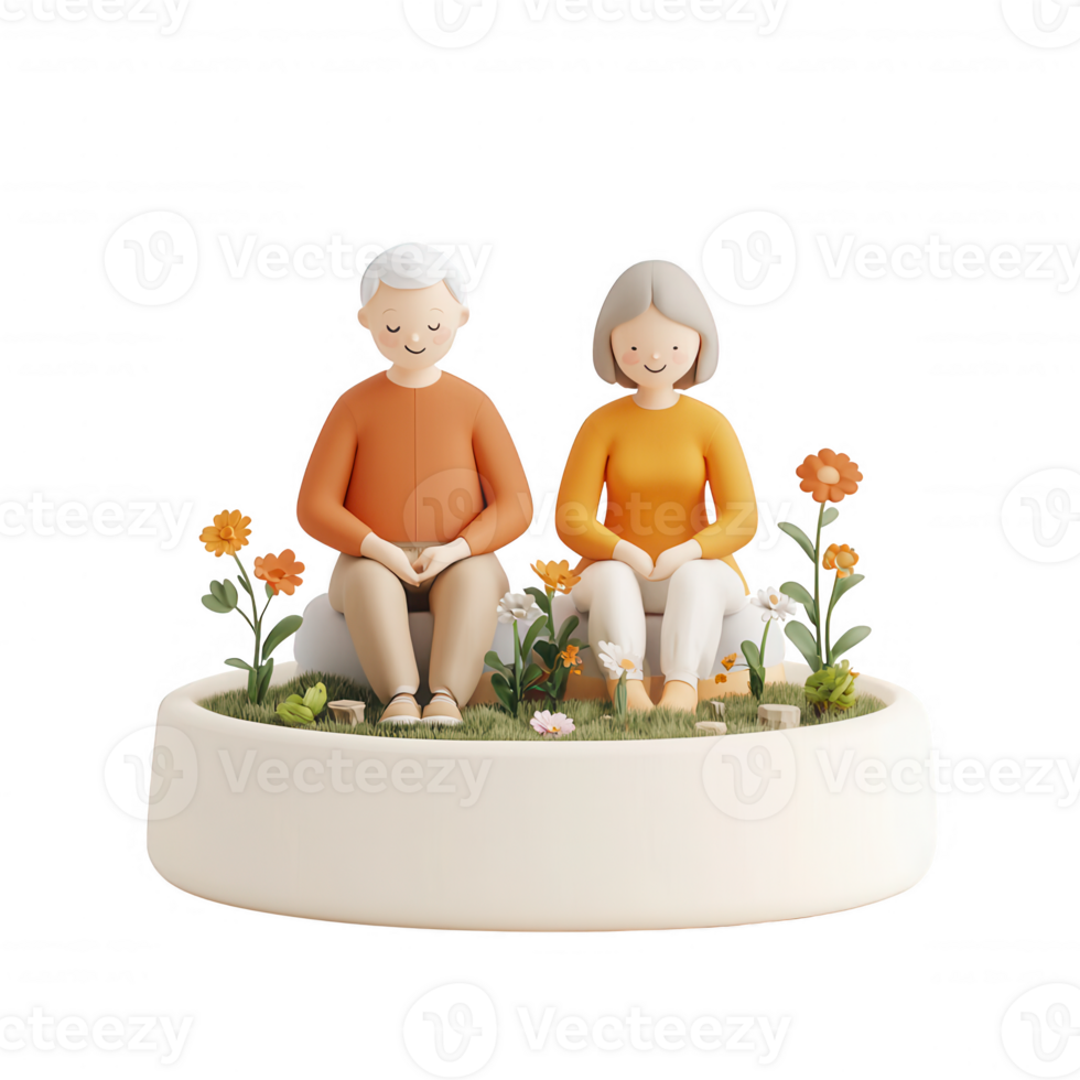 Two elderly figures sitting peacefully in a garden, embracing tranquility and companionship. png