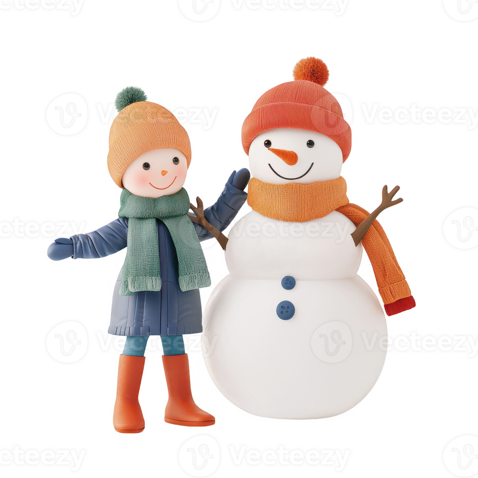 A cheerful child and a snowman enjoying a winter day together, dressed in warm attire. png