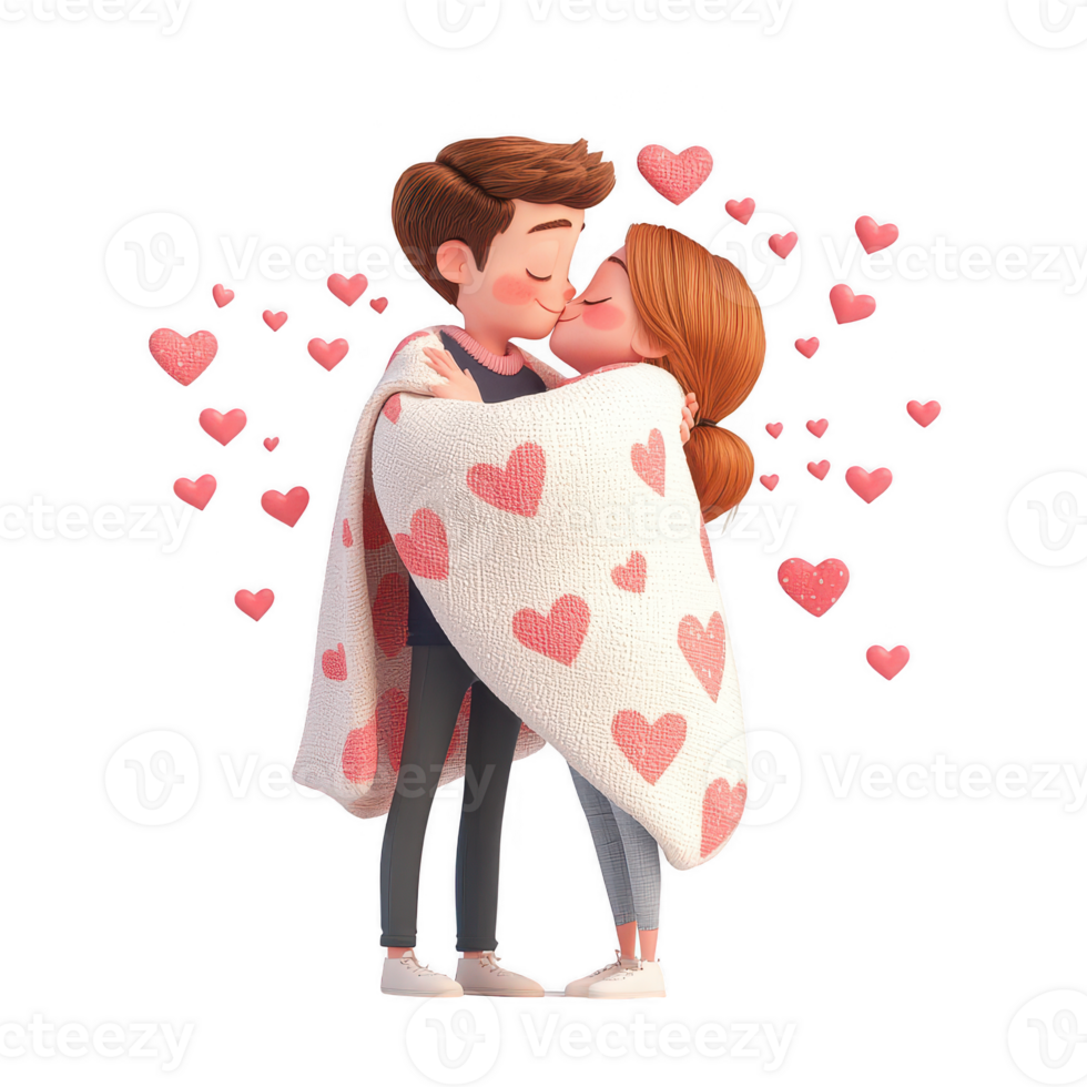 A loving couple sharing a sweet moment under a heart-covered blanket. png