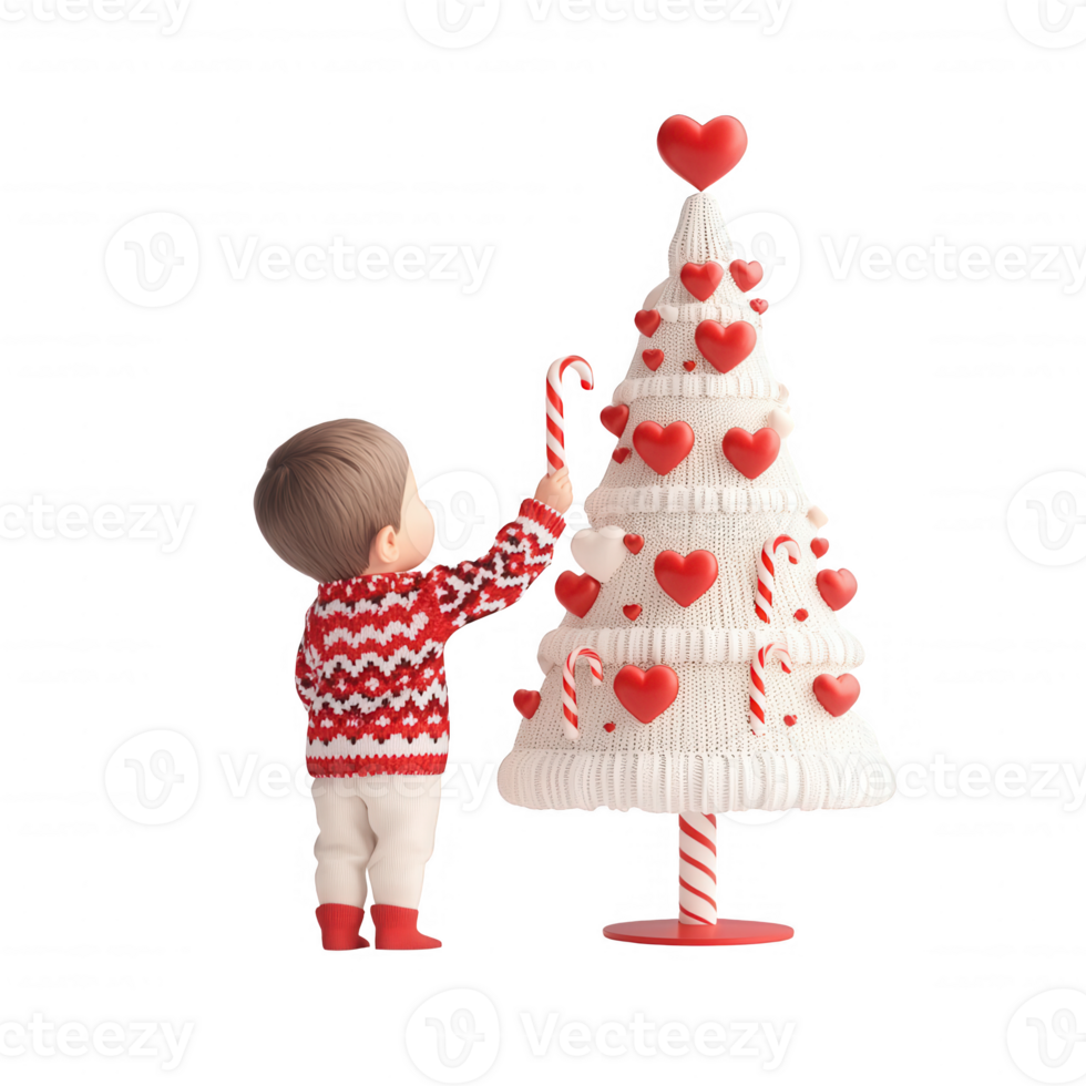 A child decorates a whimsical Christmas tree adorned with hearts and candy canes. png