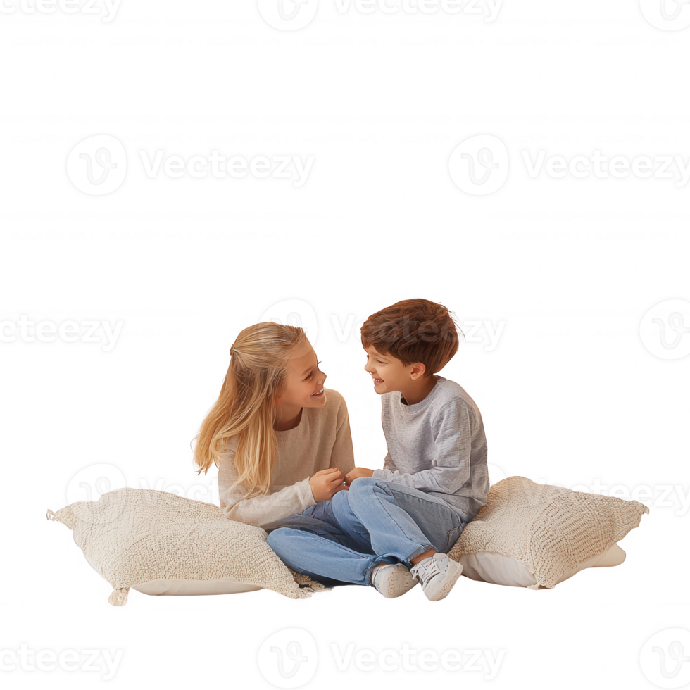 Two children laughing and playing together on soft pillows, creating joyful memories. png