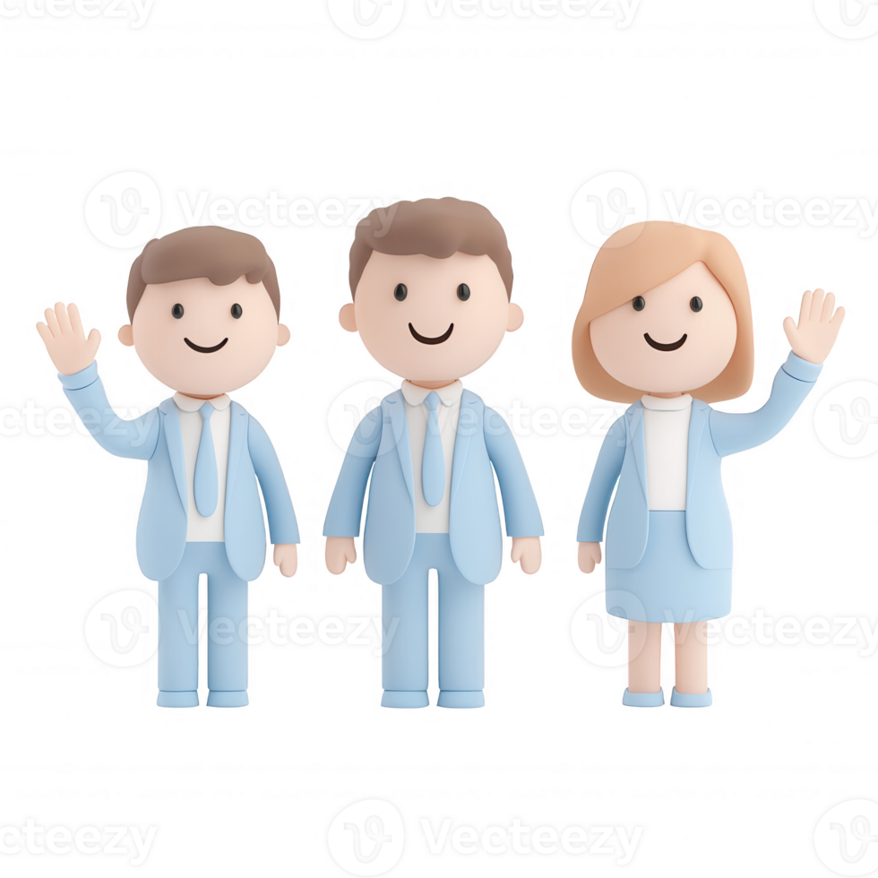 Three cheerful businesspeople waving in professional attire, ready to connect. png